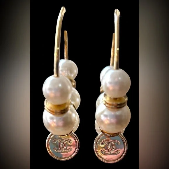 CC Logo Luxe-Inspired Gold, Pearl & CZ Upcycled Hoop Earrings - Picture 4 of 9